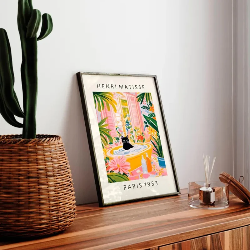 Tabby Cat on A Toilet Poster Funny Bathroom Wall Art Matisse Print Mid Century Modern Canvas Painting Pink Dopamine Home Decor