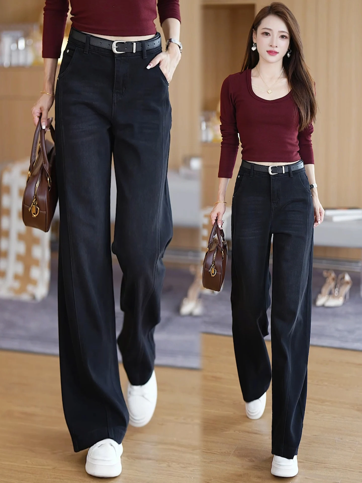 

Женские джинсы с высокой талией и широкими штанинами, черные/серые, весна-осень, новый стиль, свободные, стройнящие, повседневные, прямые брюки