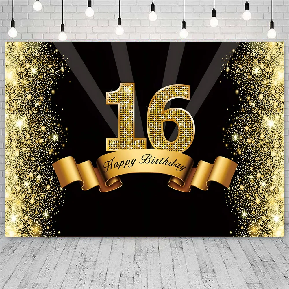 Black Gold 16th Backdrop Balloons Boys Girls 16 Years Old Birthday Party Customized Photo Background Cake Table Decor Banner