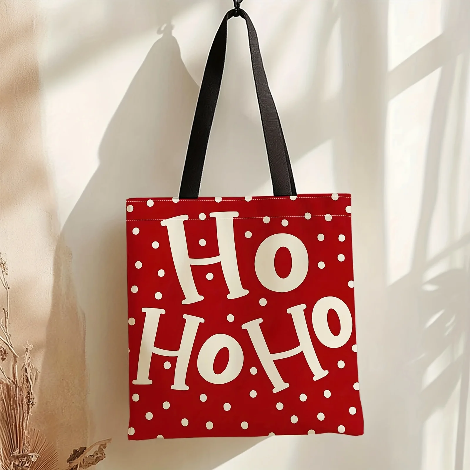 1pc [Tote Bag] 2D Flat Effect, New Large Capacity Red Polka Dot Base Color Ho Ho Ho Christmas Fun Artistic Text Print Tote Bag