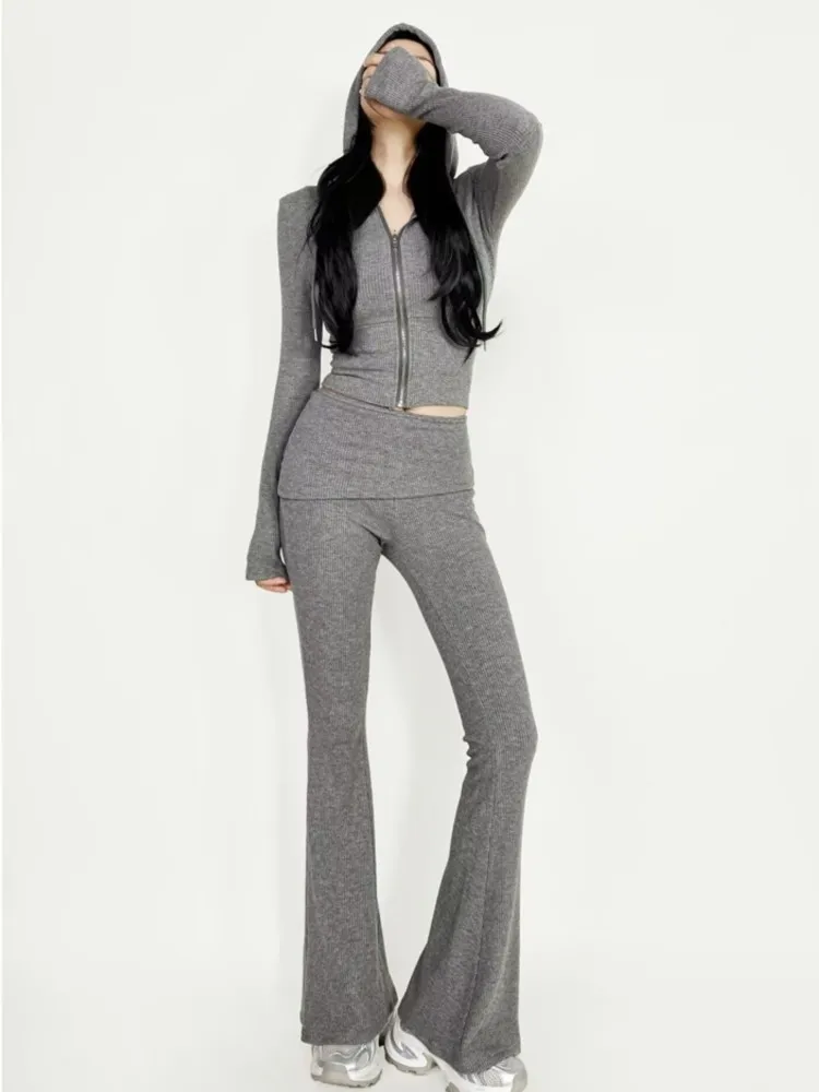 

Women's Korean Hot Girl Slim Knitted Tracksuits 2 Piece Set Fashion Chic Casual Hooded Zip-up Short Coat Flare Trousers Outfits