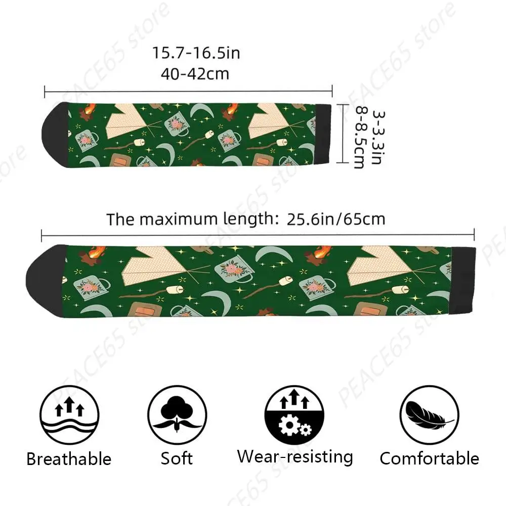 Campfire At Night Funny Socks Trip Camping with Moon and Stars and Tents Contrast Color Design for Women Men Gift