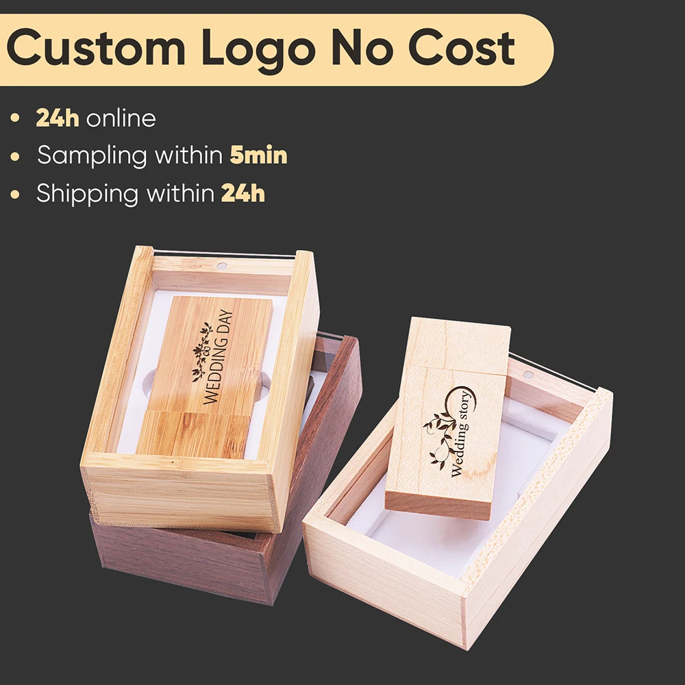 ใหม่ไม้ USB Flash Drive 128GB ฟรีโลโก้ที่กําหนดเอง Memory Stick 64GB ฝาปิดโปร่งใสกล่อง Pendrive 32GB การถ่ายภาพงานแต่งงานของขวัญ