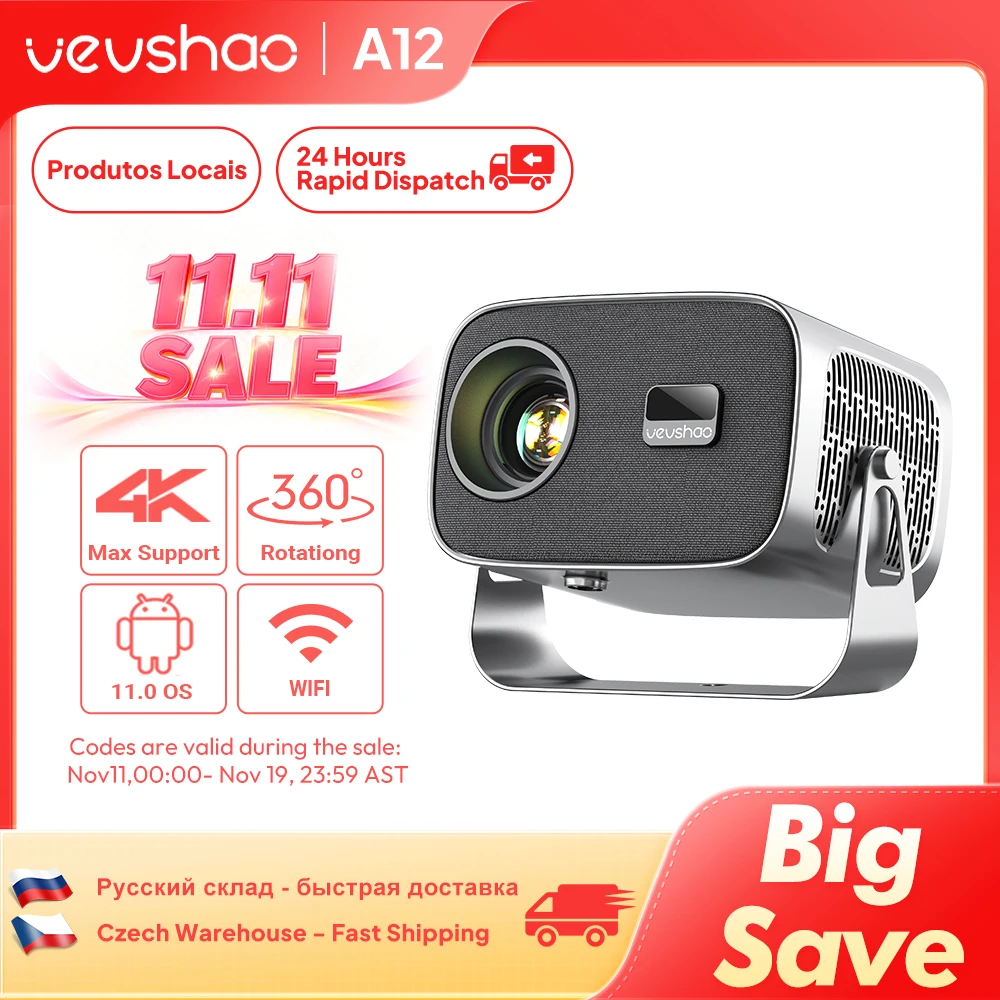 VEVSHAO A12 Projector Mini Portable  LED Video Android 13.0 WIFI 6 Mirror SmartPhone for 1080P 4K Video Home Cinema Projector
