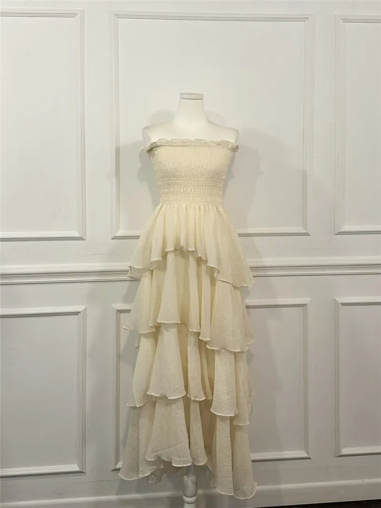 Férias de verão sem alças cinza damasco em camadas babados bolo vestido longo estilo tribunal francês feminino slash neck sem mangas vestido de praia