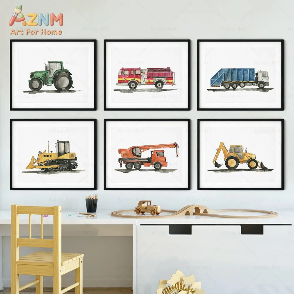 AZNM Watercolor Construction Truck Canvas Wall Art Tractor Fire Engine Excavator Vehicle Print Frameless Canvas Painting Boys Ro
