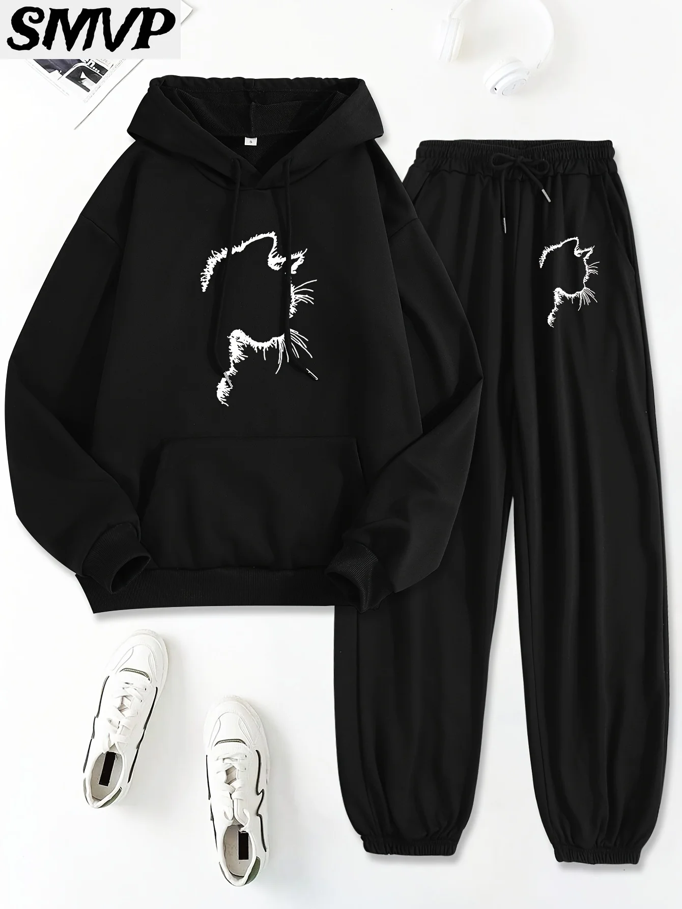

SMVP Women Girls Cotton Hoodie Set Black White Cat Face Outline Print Two Piece Outfit Casual Loungewear Mother Daughter