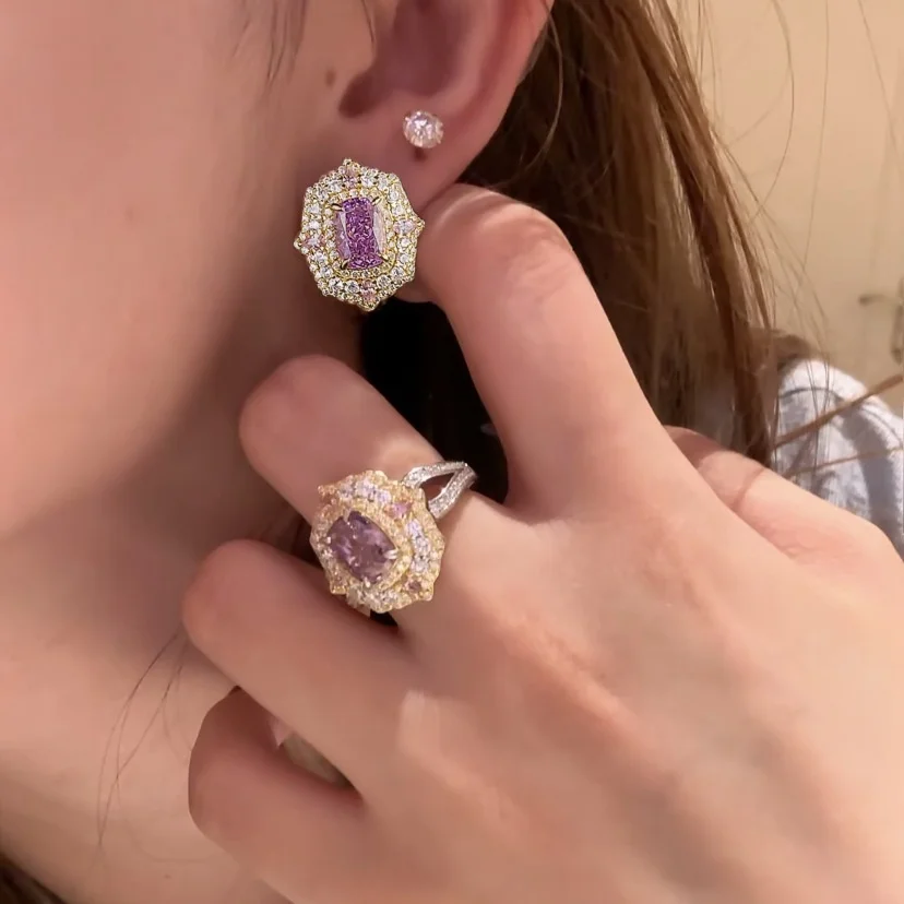 

Romantic 925 Silver Big Carat Pink Tourmaline Ear Stud/Necklace/Ring Set 18K Yellow Gold Synthetic Gems Earring Pendant Jewelry