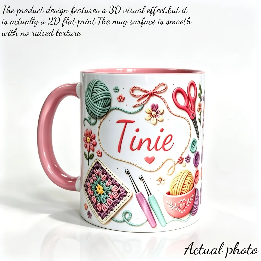 Personalized Crochet Mug Custom Name Text 2D Print Ceramic Coffee Cup for Home Office Hand Wash Only Gift for Knitter