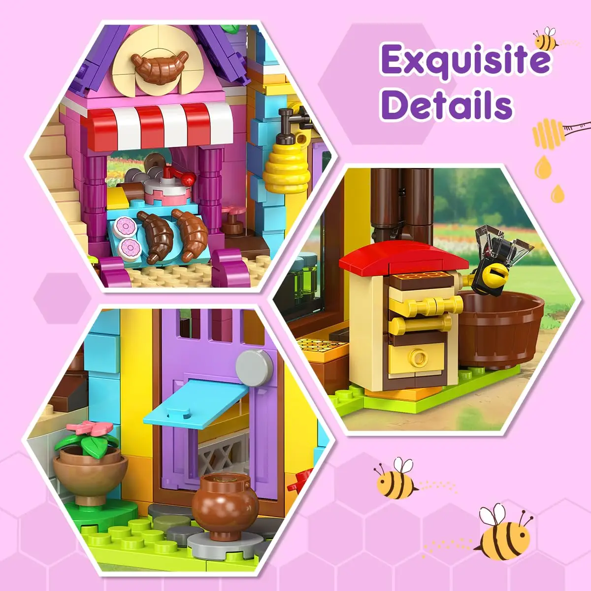 HOGOKIDS Beeeeping & Bakery House Building Toy with LED- Friends Girls Baking with Honey Workshop Pretend Play Birthday for Kids