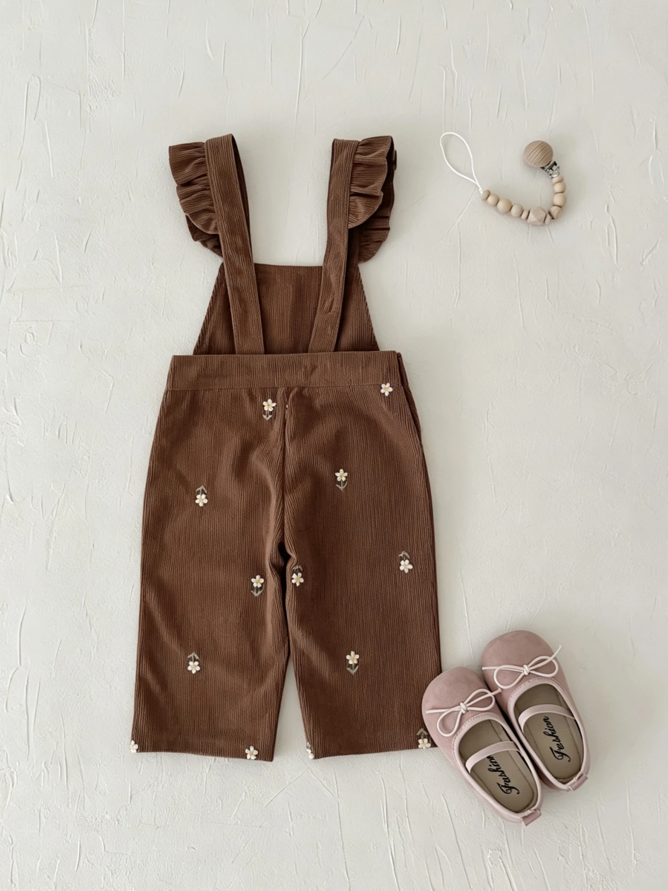 Korean Pastoral Infant Clothing Set, White Lace‑Trim Top & Brown Corduroy Pocket‑Embroidered Floral Overalls