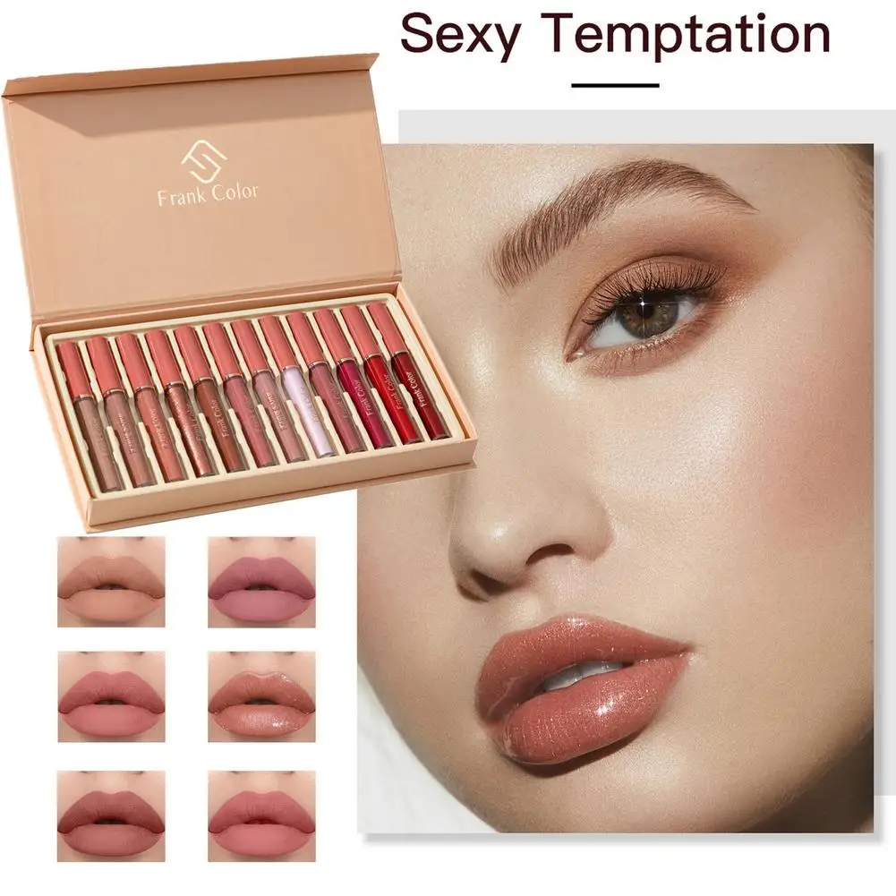 Juego de lápiz labial líquido mate de 12 colores, juego de brillo de labios líquido suave y brillante, maquillaje de manchas de labios de larga duración resistente al agua desnudo de terciopelo