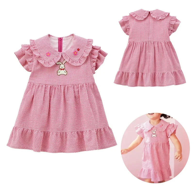 

Girls Short Sleeve Vest Dress Summer New Kids Cartoon Big Rabbit Flower Embroidery Plaid Dress Everyday