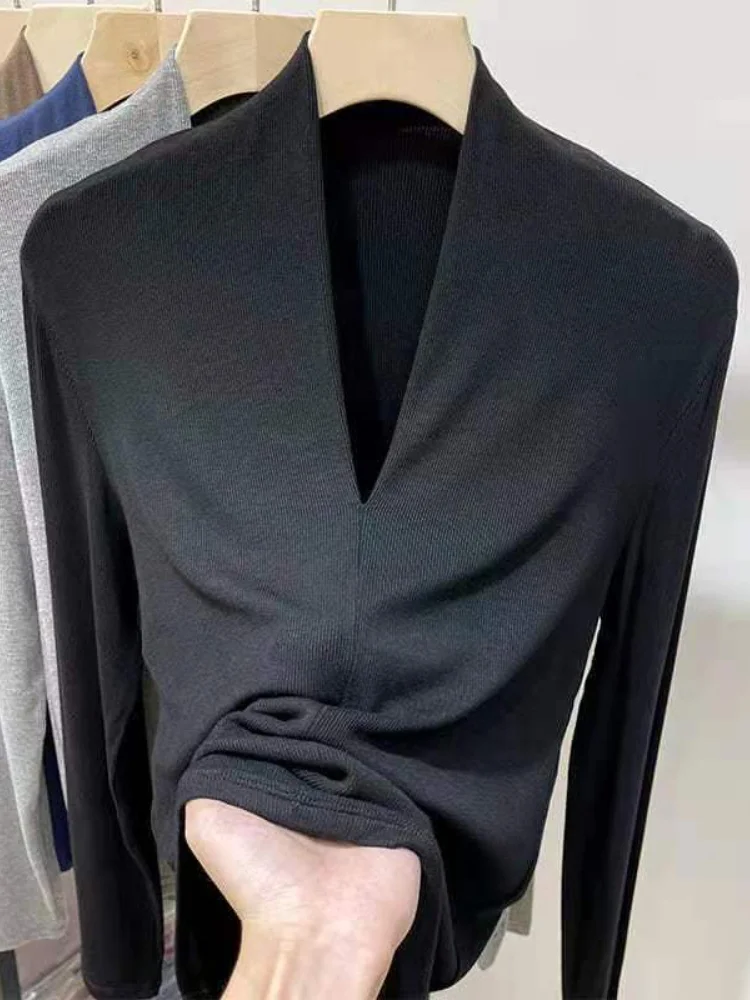 Women's Blouses V-neck Knitted Long Sleeved Shirts Top Female Pullover Autumn Slim Solid Beautiful Fashion Woman Blouses 2023