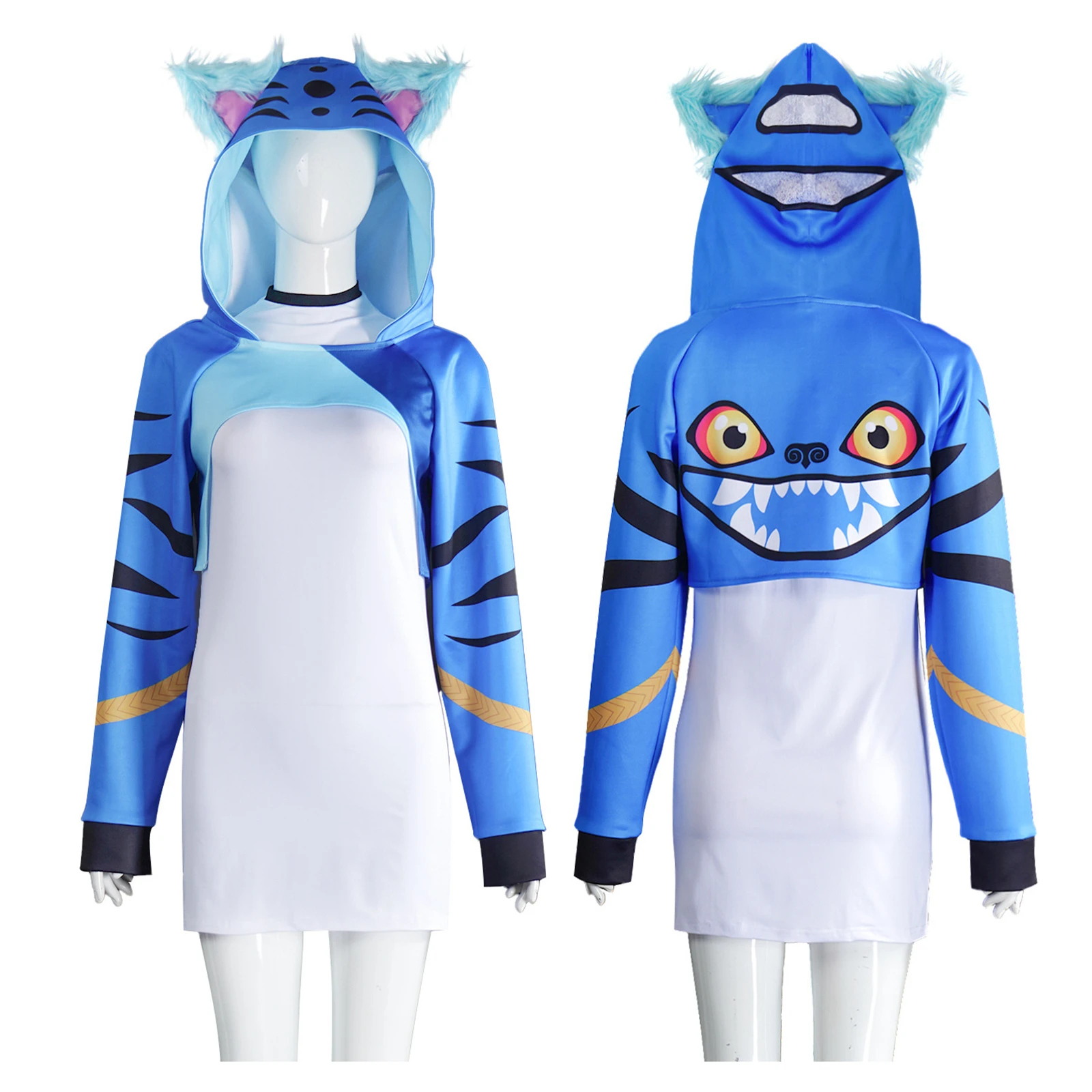 

Demon Hunters Blue Tiger Derpy Cosplay Costume Anime Adult Kids Girls Hoodie Dress Halloween Carnival Party Uniform Set