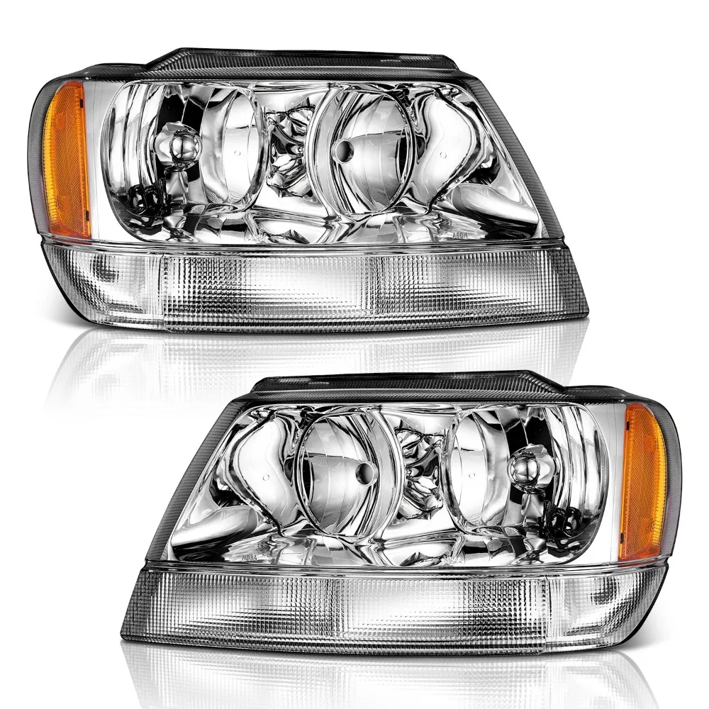Pair Headlights Assembly For 1999-2004 Jeep Grand Cherokee Chrome Headlamps