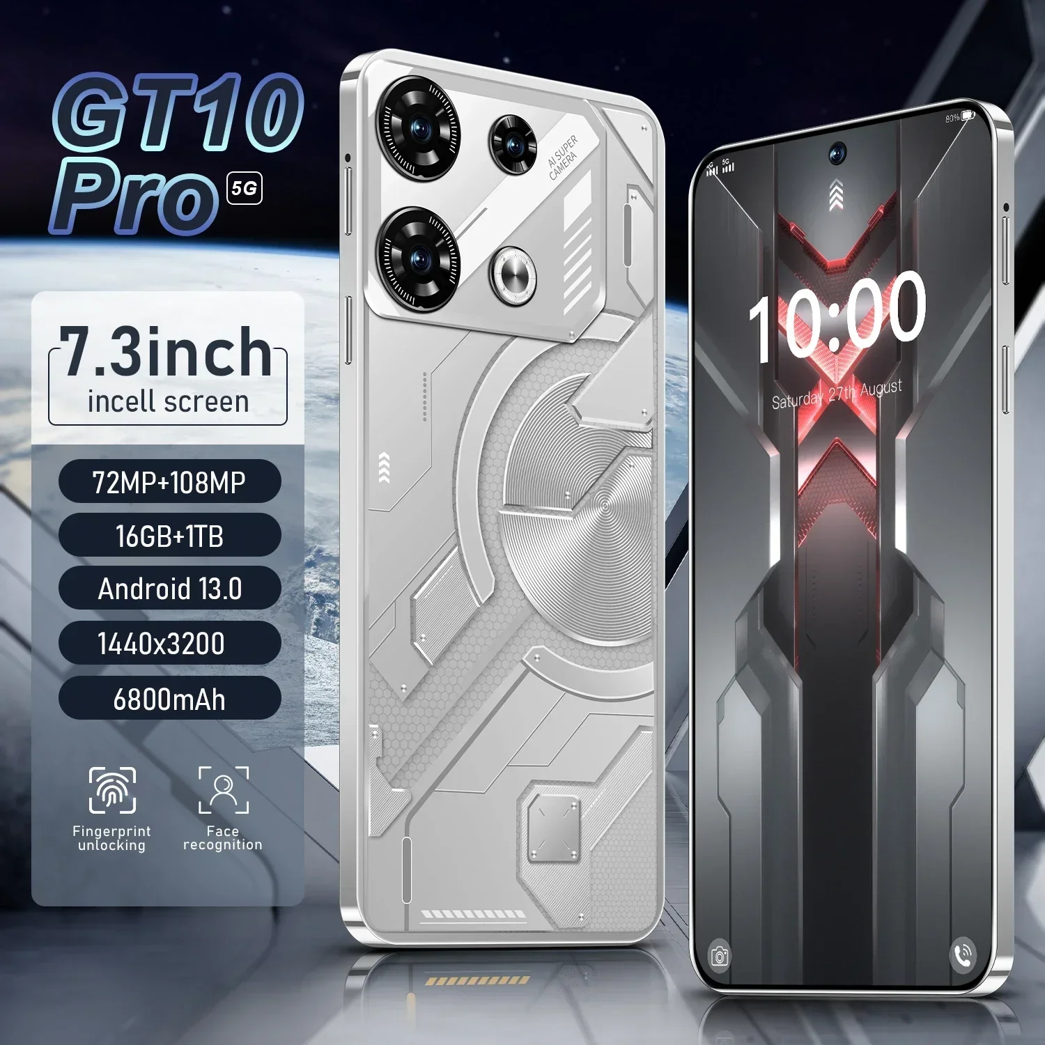 

Global GT10 Pro 5G Original Smartphone 7.3Inch HD Screen Dual Standby 108 MPAndroid 14 Unlocked Phone 108MP Camera 6800mAh Phone