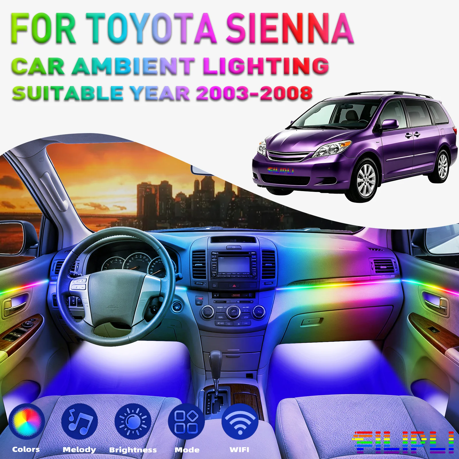 For TOYOTA Sienna 2003‑2008 6 Lights Kit 256 Colors DREAMCOLOR 6 in 1 Hidden Acrylic LED Strip Dynamic Chasing Neon Light Strip App Bluetooth Control Auto Interior Accent Lighting Car Tuning Upgrade Parts Plug and Play 12V Safe Lighting