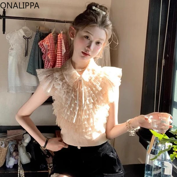 Onalippa Bow Small Lapel Lace Shirt Thousand Layers Palace Style Shirts Hook Flower Peter Pan Collar Sleeveless Womens Tops