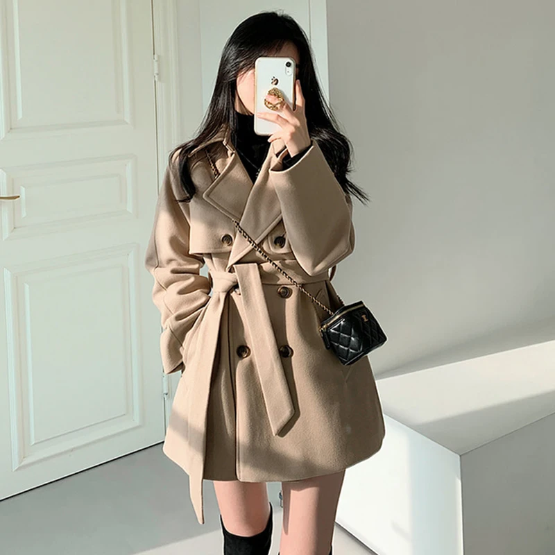 

3Colors 2025 Korean Women Autumn Woolen Coats French Style Jacket Casual Female Double Breasted Buttons Wool Coat Tops womens
