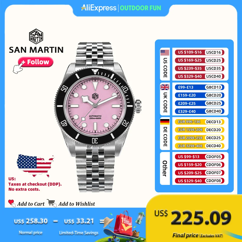 

Часы San Martin Мужские механические из нержавеющей стали, 40 мм, 200 м