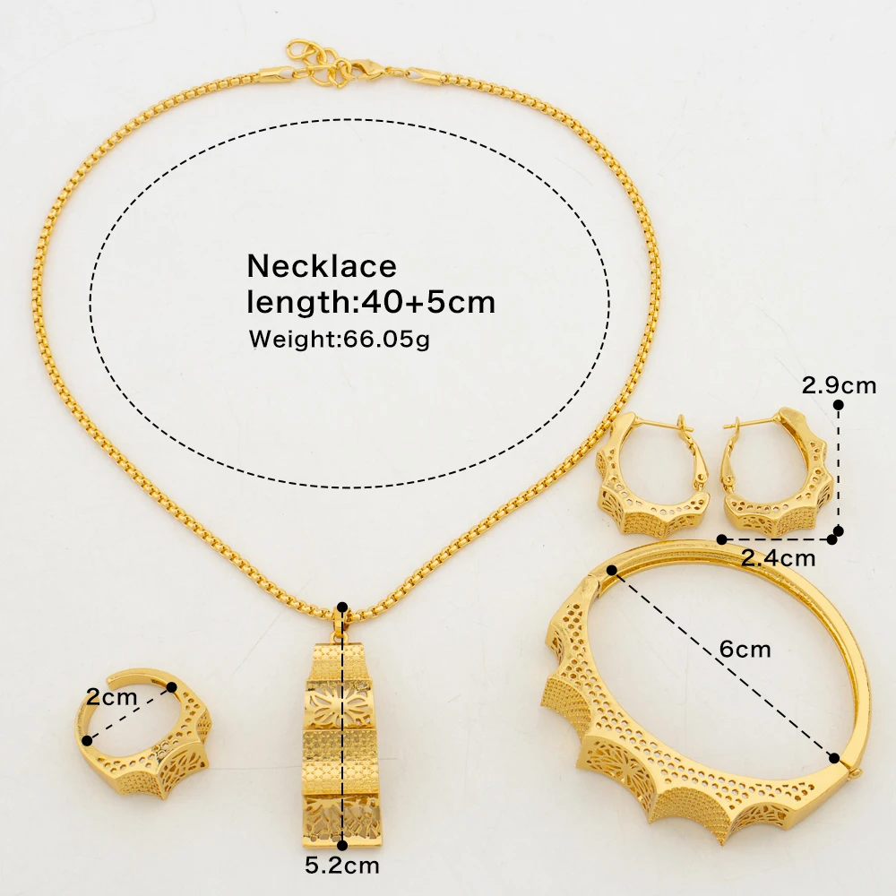 Women African 18k Gold Color Jewelry Set Pendant Necklace Drop Earrings Elegant Ladies Bangle Ring Set for Party Fashion Bangles