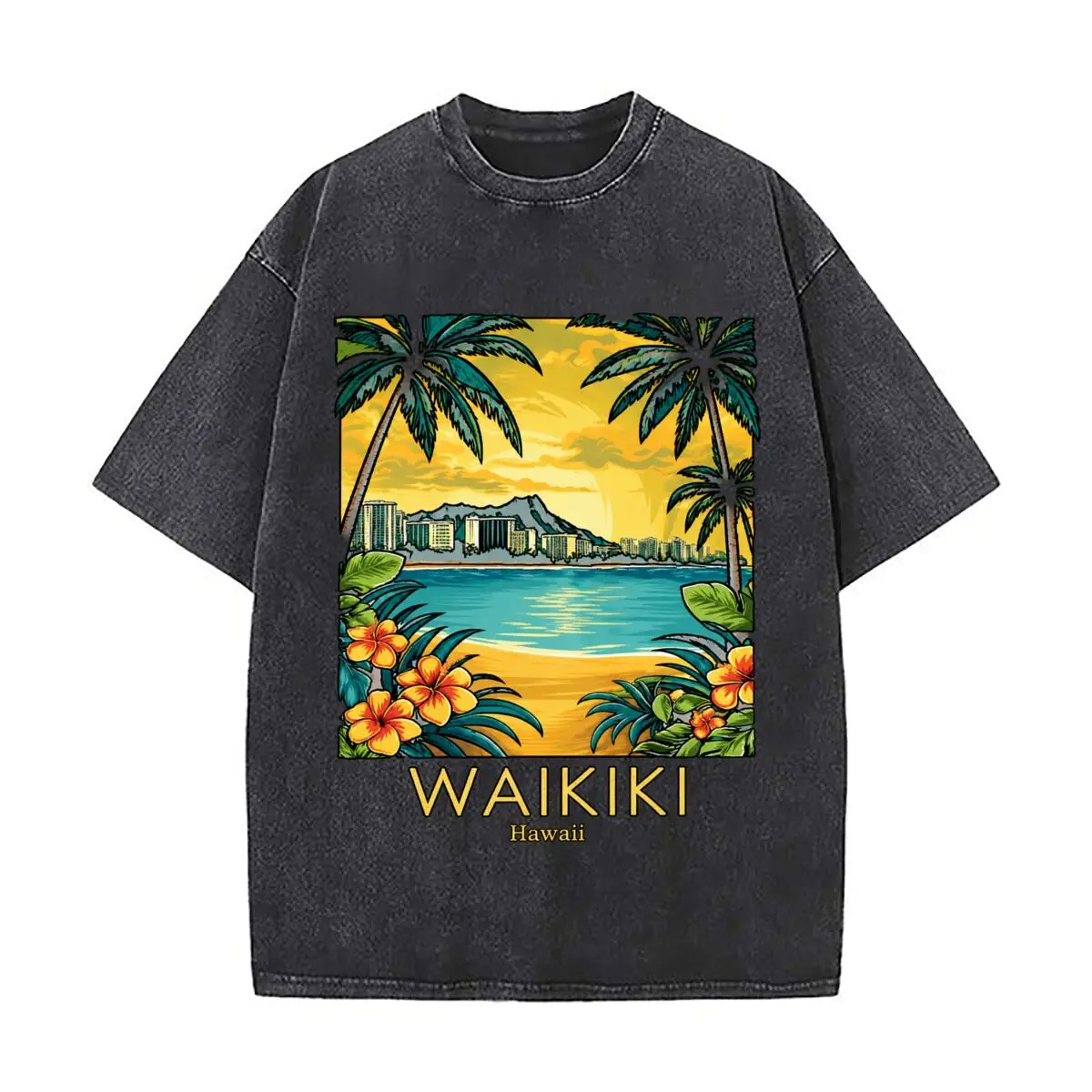 Waikiki Hawaii Tropical Beach Palm Trees Diamond Head Floral Graphic Distressed Faded Baggy Streetwear Tops for Park Hangouts