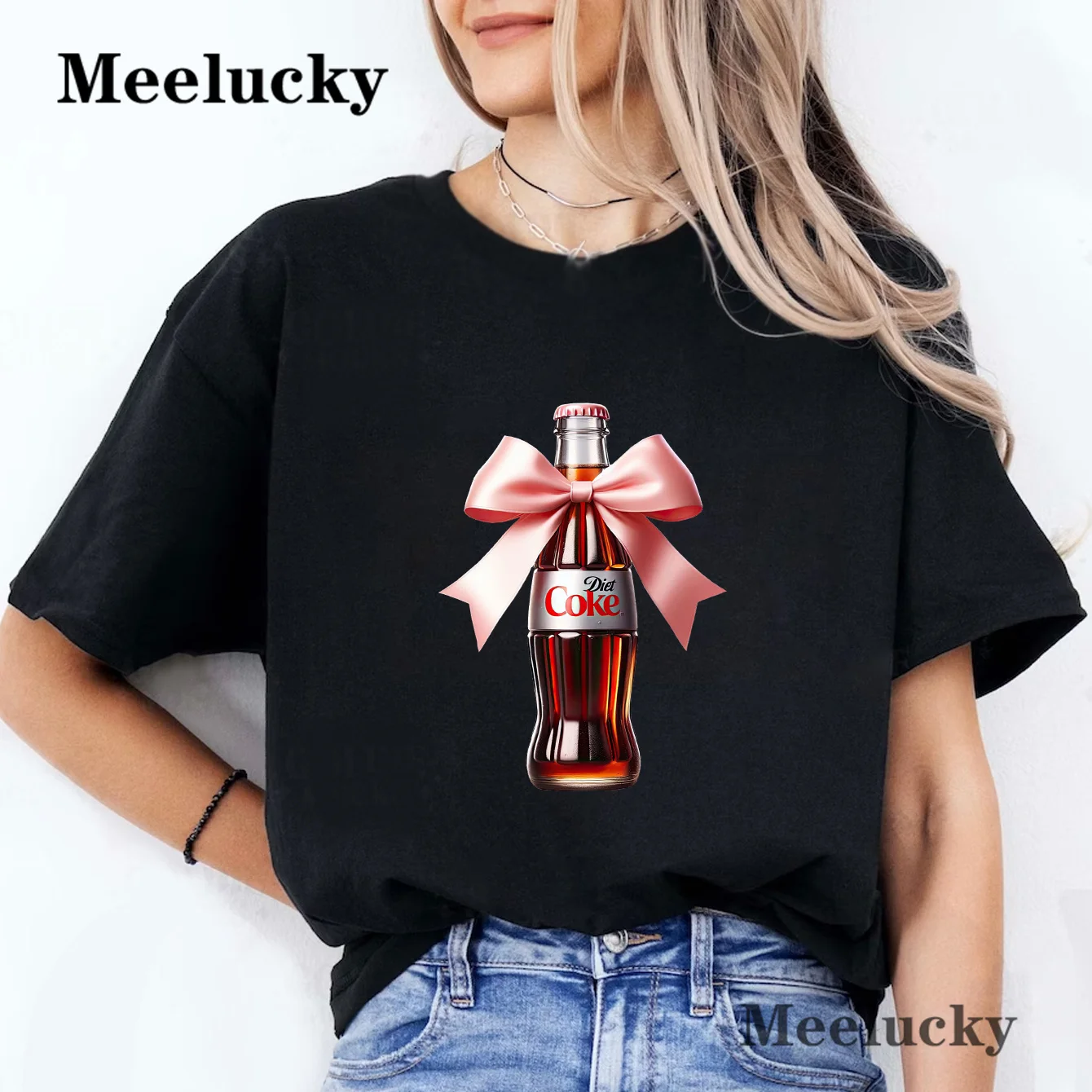 Camiseta de colores con lazo de Coca Cola rosa para mujer, Tops informales, moda de verano