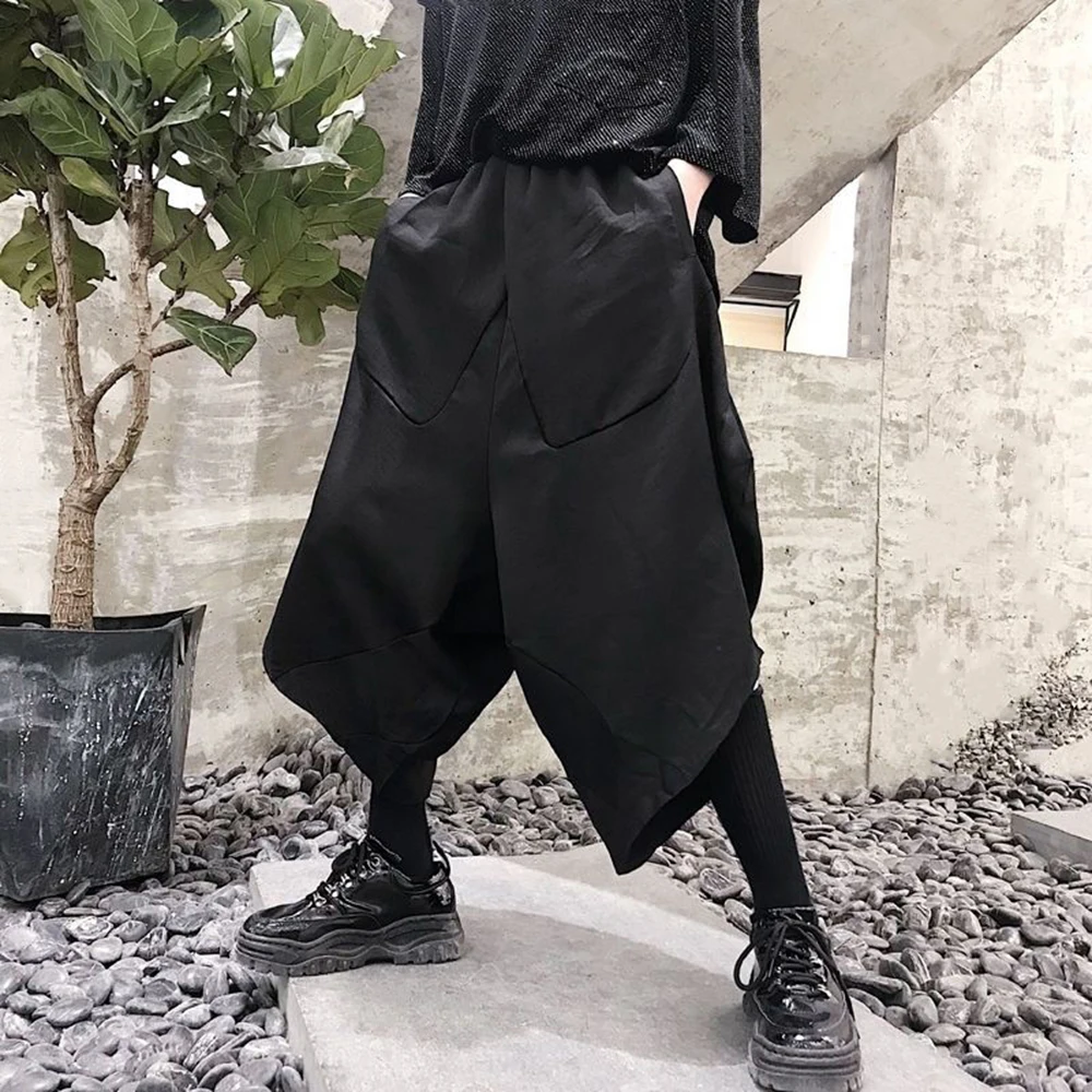 Mens Dark Style Casual Irregular Cropped Pants 2024 New Genderless Trendy Personalized Solid Color Loose Wide Leg Pants Unisex