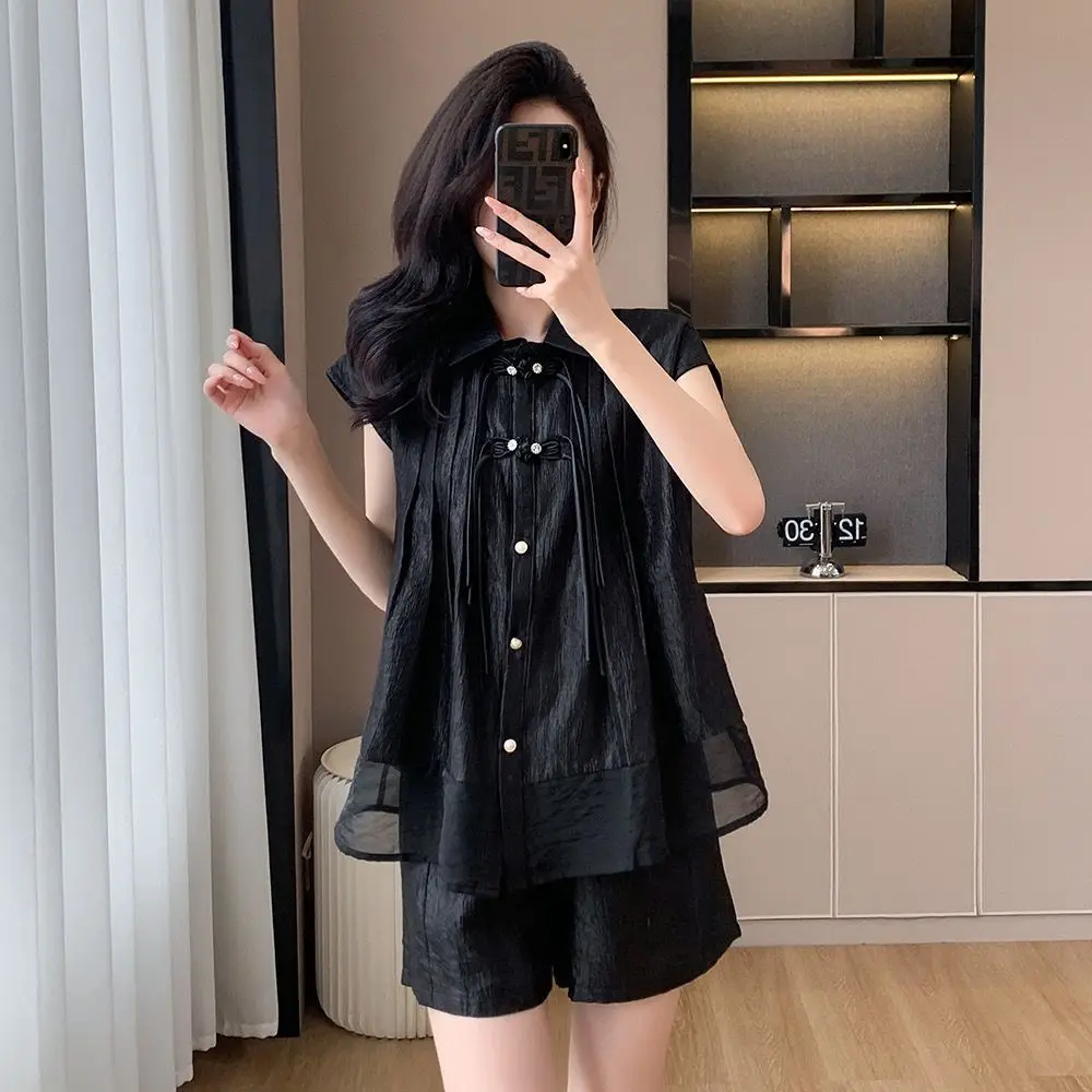 Women\'s Loose Fitting Casual Fashion Set Summer New Chinese Style Button Up Sleeveless Shirt and Shorts Two-piece Set for Women