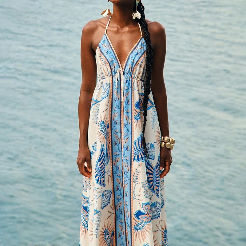 Mode Muster Gedruckt Hosenträger Kleid Sexy Backless Hohl Sommer Lange Kleider Low Cut V-ausschnitt Ärmelloses Plissee Strand Kleid
