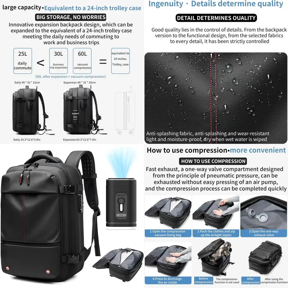 

60L Expandable Travel Backpack with Vacuum Compression for Efficient Packing