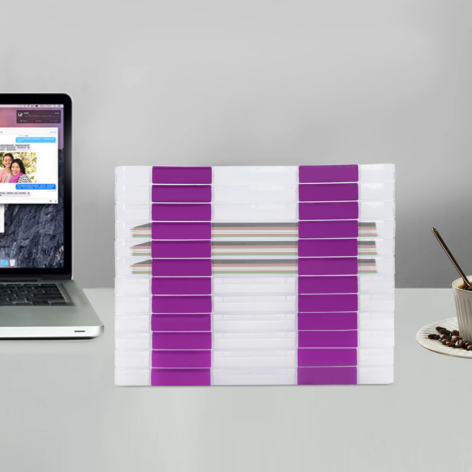 12 قطعة من صناديق تخزين الملفات البلاستيكية الشفافة باللون الأرجواني، منظم المستندات مع إبزيم للإغلاق، صندوق PP مستطيل للوازم المدرسية