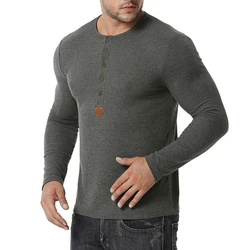 Mens Long Sleeve Ribbed Henley Shirts Tops Button Pullover Undershirt T Shirt Stretch Workout Slim Fit Muscle Casual Tees