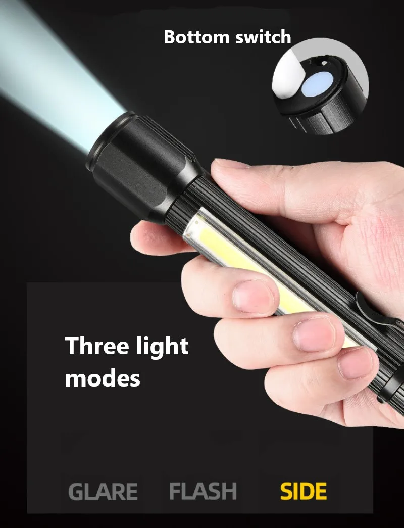 New LED Flashlight Strong Light Zoom Telescopic Dimming COB Side Light Portable Home Outdoor USB Charging Multi-function Torch