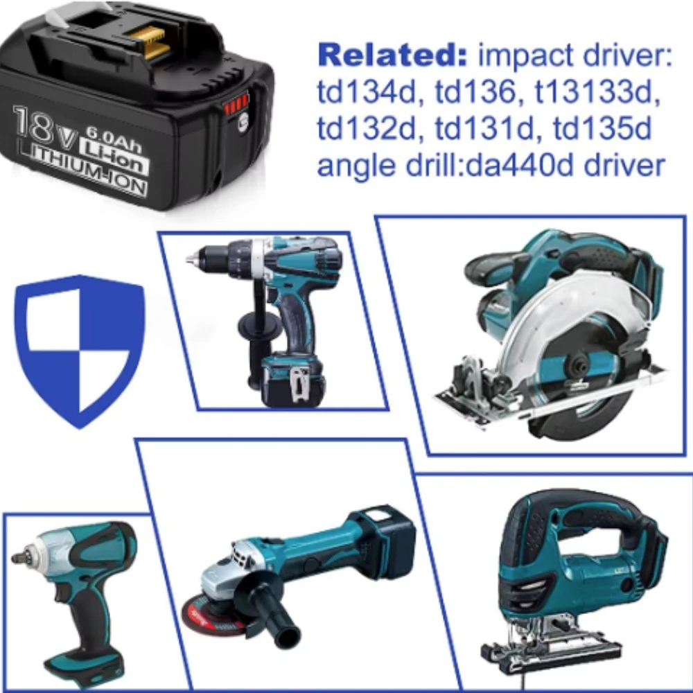 Imagem -05 - Bateria de Substituição de Íon de Lítio para Makita 100 Compatível 18v 6ah 18650 Lxt Bl1850 Bl1860b Bl1860 Dhp48