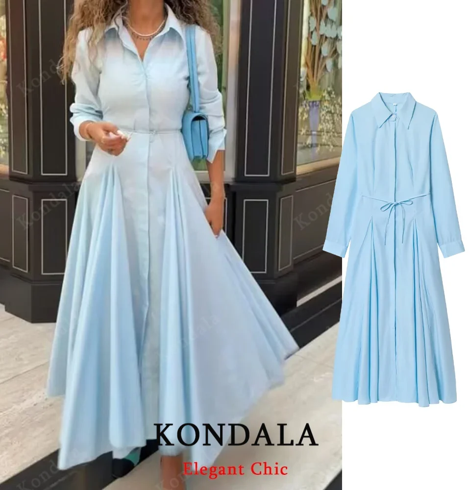 KONDALA Elegant Women Shirt Dress Slim Waist Lace-up Long Dress 2025 Spring Fall Fashion Commute Sweet Long Sleeves Lady Dress
