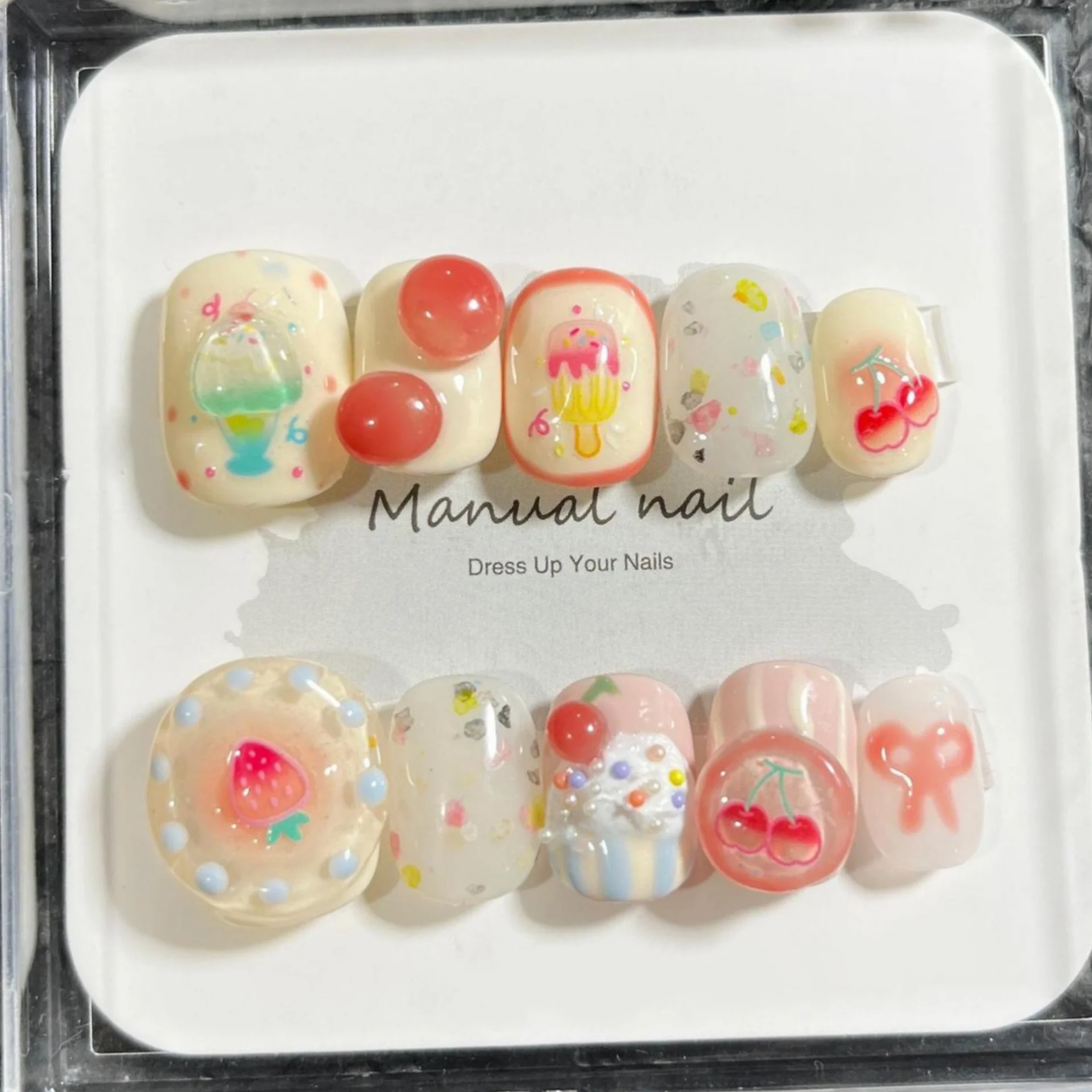 

10 шт., ручная работа, пресс для ногтей, милый мультяшный девичий короткий круглый накладный ногти, носимый дизайн с вишневым бантом, пресс для ногтей