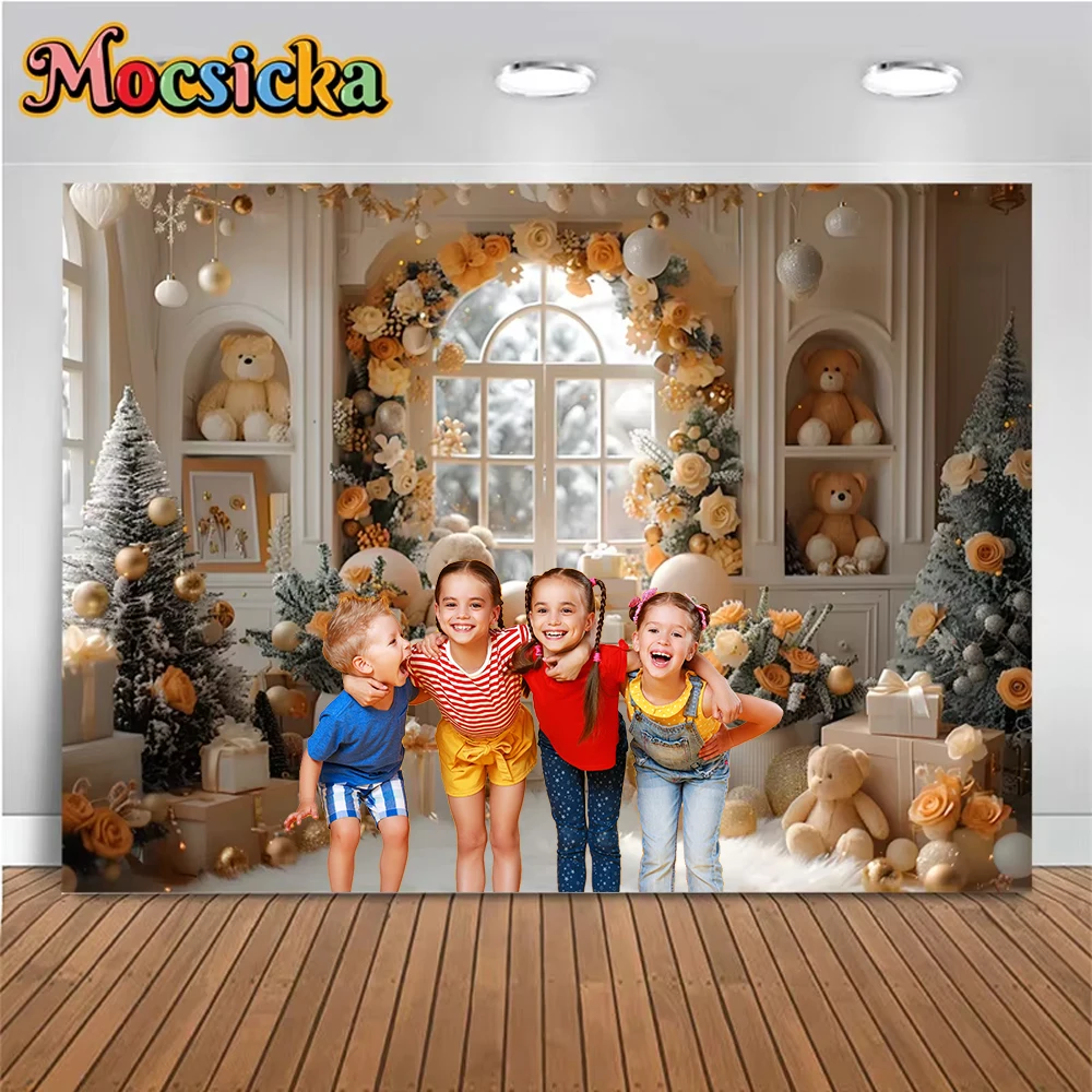 

Mocsicka Christmas Backdrop Photography Room Xmas Tree Flower Bear Window Decoration Family Party Children Baby Photo Background