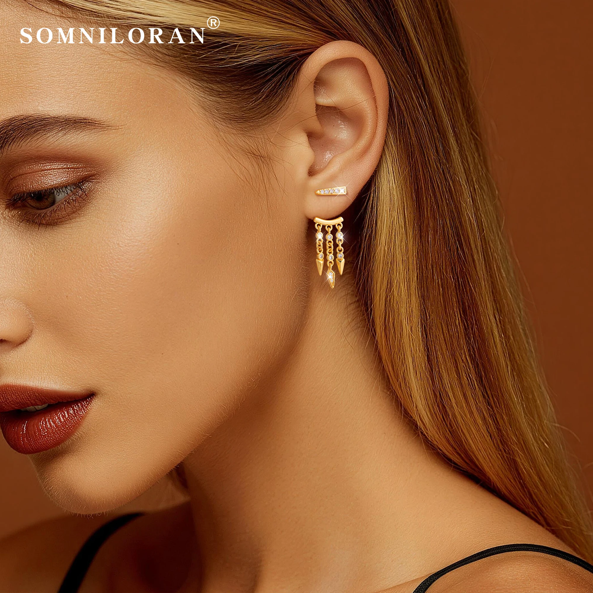 Dangle Earrings for Women Triple Huggie Hoop Illusion Earrings Dainty Drop 14K Gold Plated Hypoallergenic Cubic Zirconia