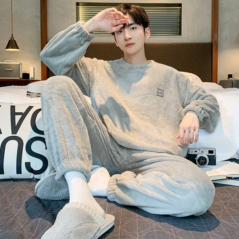 Soft Coral Fleece Pajamas Suit Men Winter Thickened Fleece Warm Flannel Homewear Male Autumn Fashion Thermal Loungewear Gents