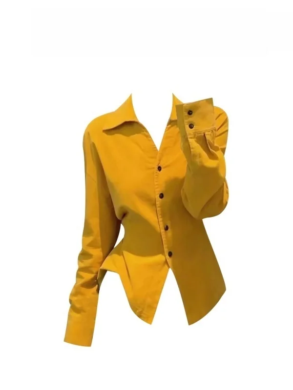 

Faionable Yellow Long Sve irt Waist Cinched Commute Daily Wear Vintage Sle Knitted Top for Young Women Spring 2026