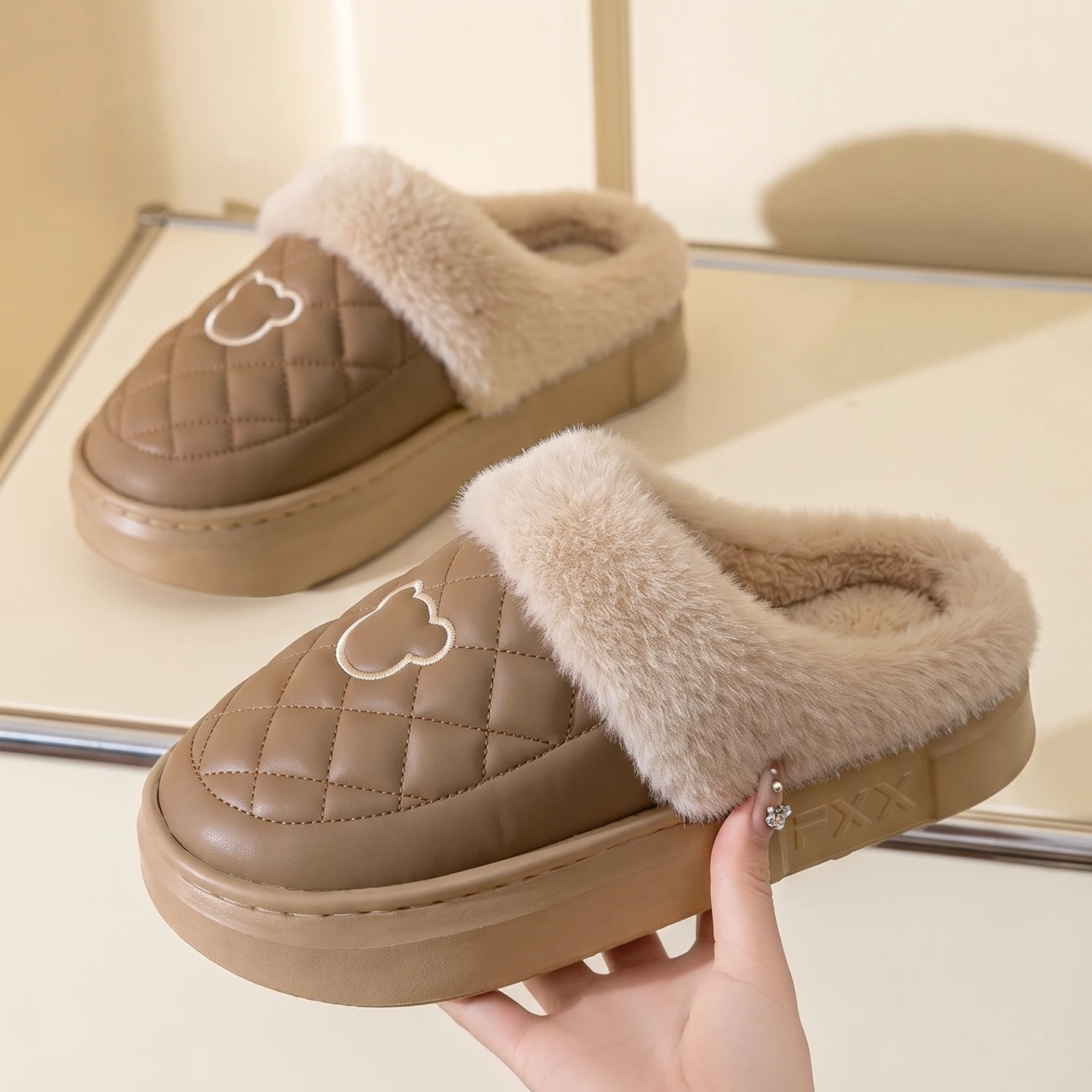 Herren Damen Winter Warme Hausschuhe Wasserdichte Plattform Dicke Sohle Fell-Slides Gemütliche Plüsch Rutschfeste Weiche Indoor Outdoor Baumwoll-Mules – Detail 13