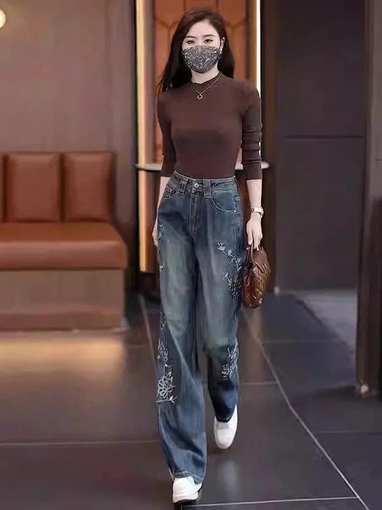 Schwere Stickerei Breite Bein Denim Jeans frauen Hohe Taille Lose Abnehmen Hosen Bodenlangen Faionable Neue Herbst Sle