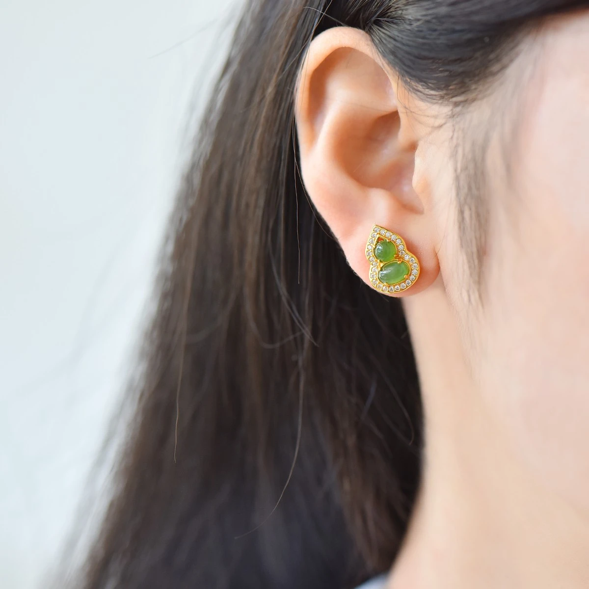 Genuine China Nephrite Stone Green Hetian Jade 925 Silver Zircon Gourd Stud Earrings Women Certified Jewelry Girlfriend Mom Gift