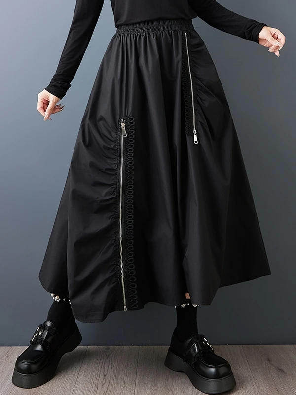 

k Sle Ruffle Splicing Loose Zipper Pleated f Skirt Versatile Casual Mid-Length Skirt for Women High Waist Other Material