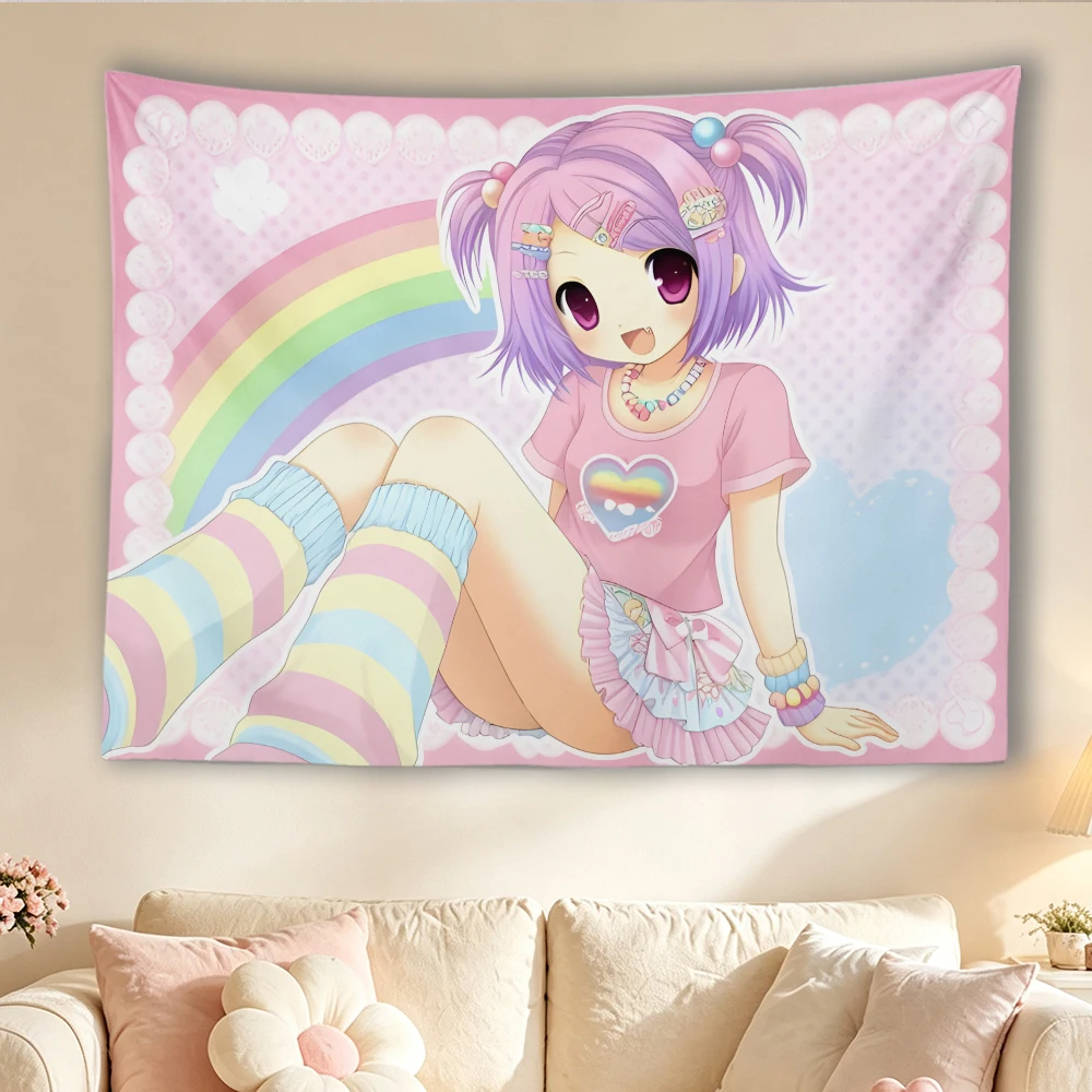 Cute Pastel Anime Girl Tapestry, Rainbow Background Pink Purple Hair Wall Hanging Cloth, Aesthetic Bedroom Dorm Room Home Decor