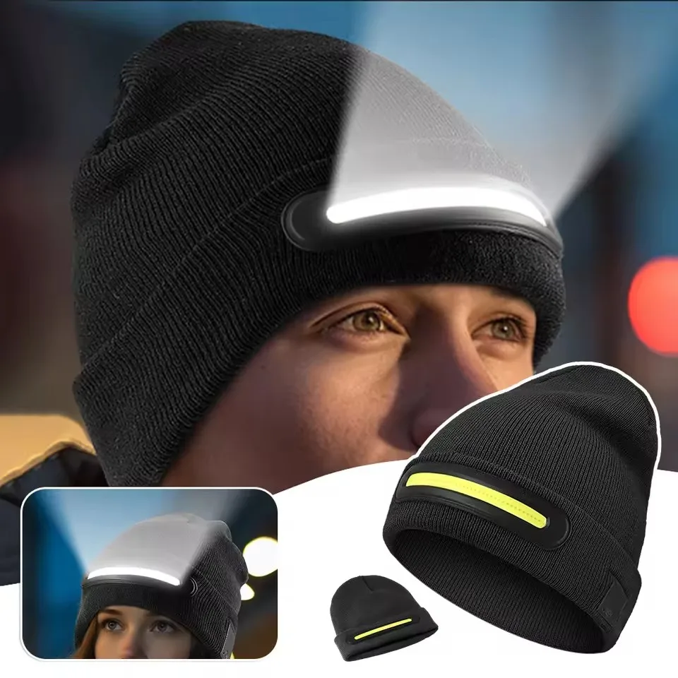 LED Beanie Hat with Light Unisex Warm Winter Hat USB Rechargeable Headlamp Cap Winter Knitted Night Lighted Hat Flashlight