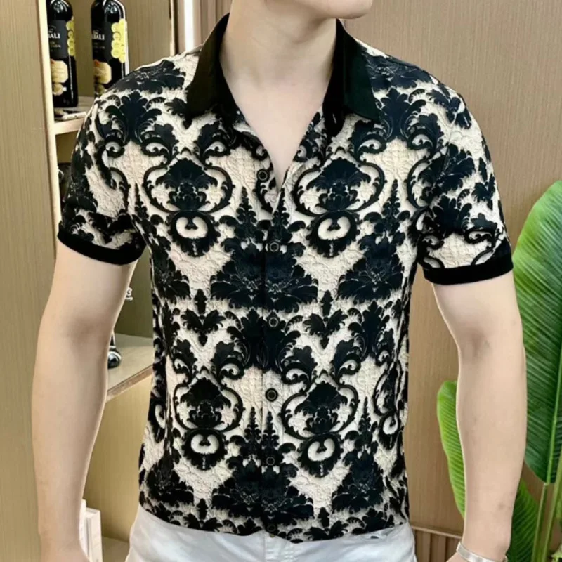 Paisley Jacquard Mens Short Sleeve Shirts Summer Casual Designer Club Shirt Fashion Personalized Relief Pattern Hawaiian Shirt