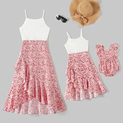 PatPat Mommy and Me Cotton Ribbed Spliced Floral Print Ruffle Trim Tulip Hem Cami Dresses Suitable for Summer Season